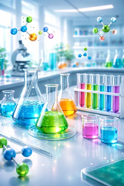 Laboratory Glassware With Colorful Chemical Solutions