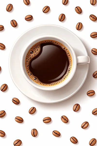 Top View Of A Cup Of Black Coffee With Coffee Beans