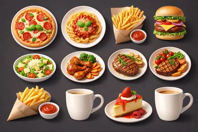 Assorted Gourmet Food Dishes and Beverages Collection
