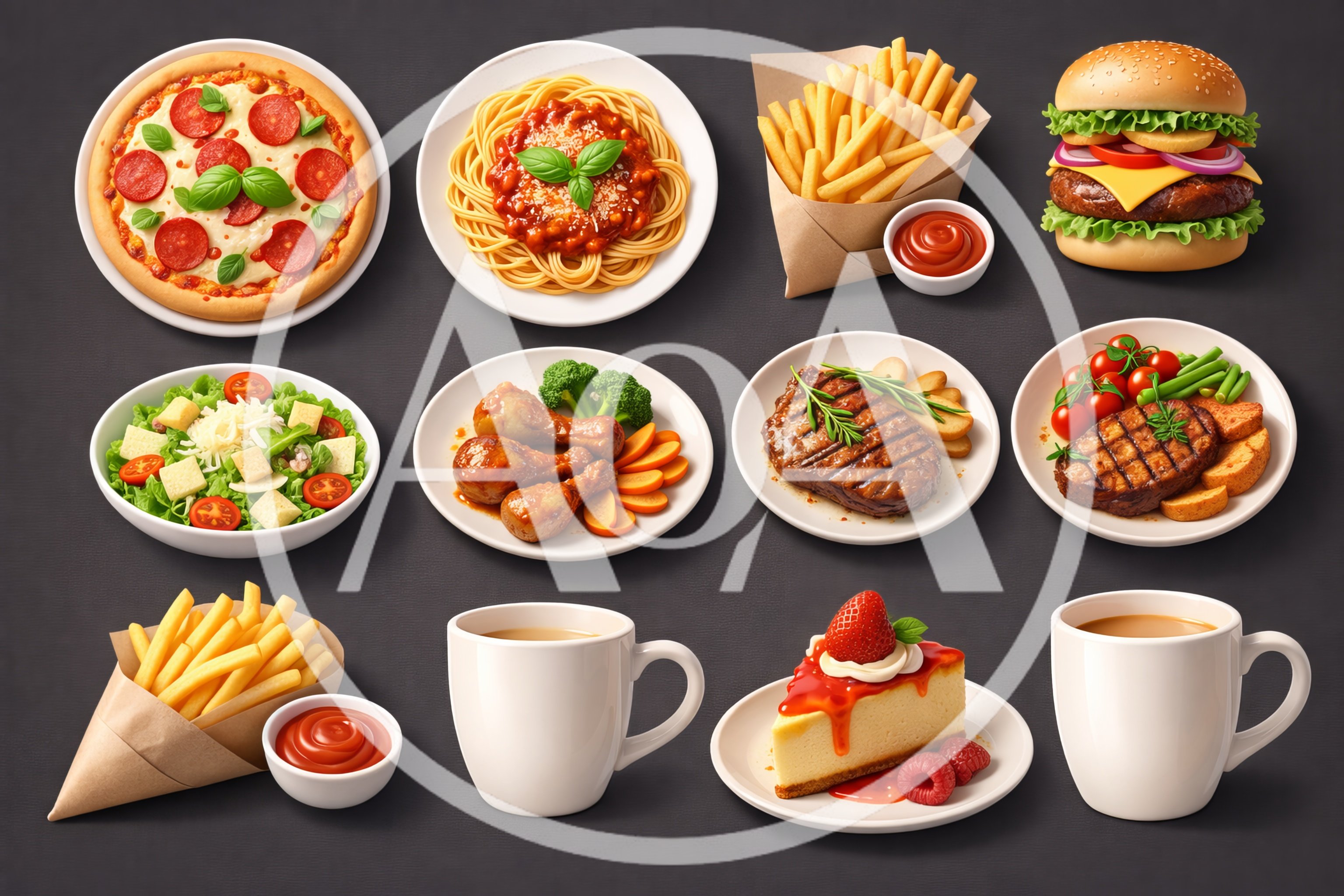 Assorted Gourmet Food Dishes and Beverages Collection