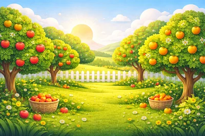 Apple Orchard With Baskets Of Fresh Fruit