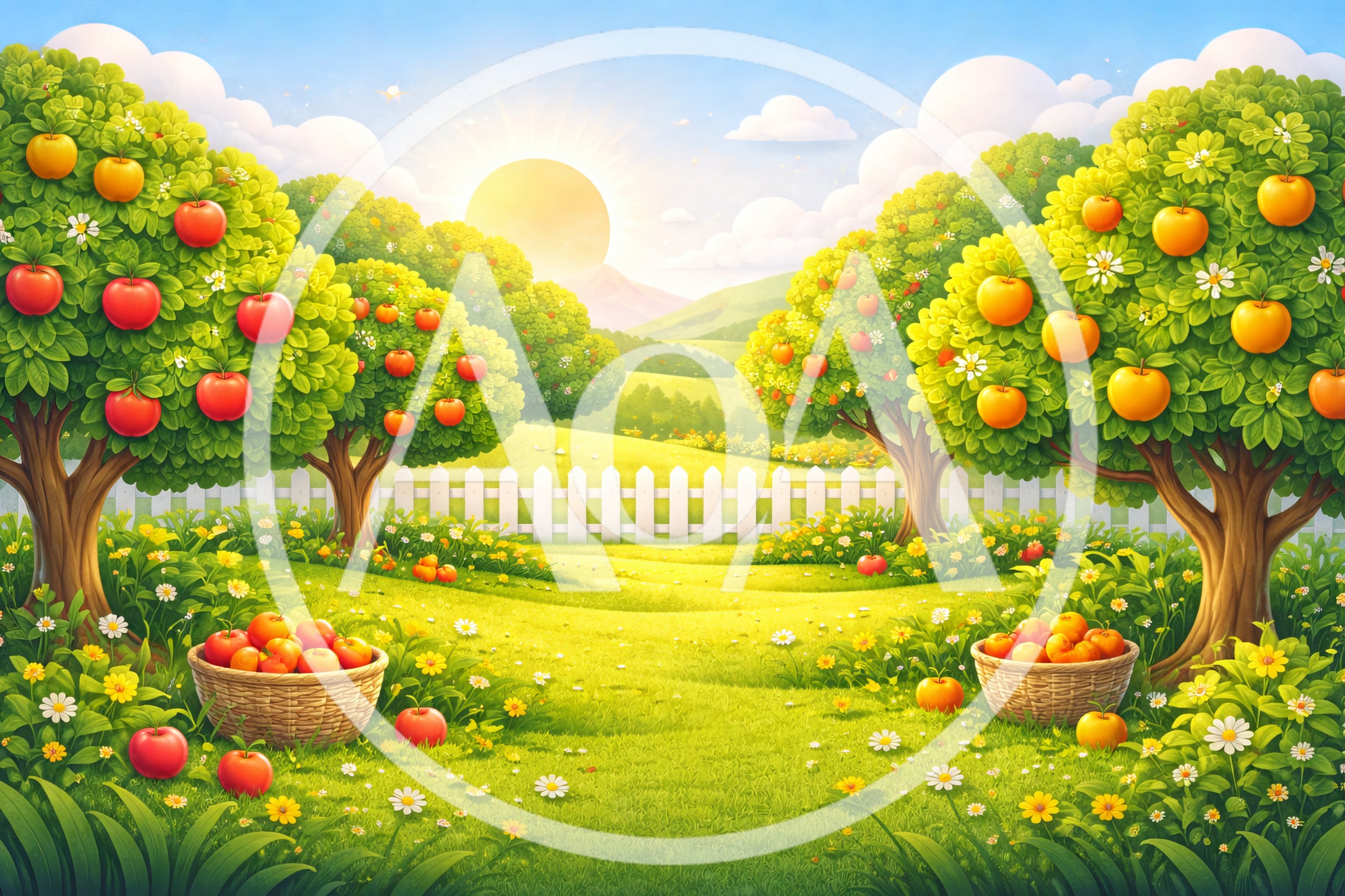 Apple Orchard With Baskets Of Fresh Fruit