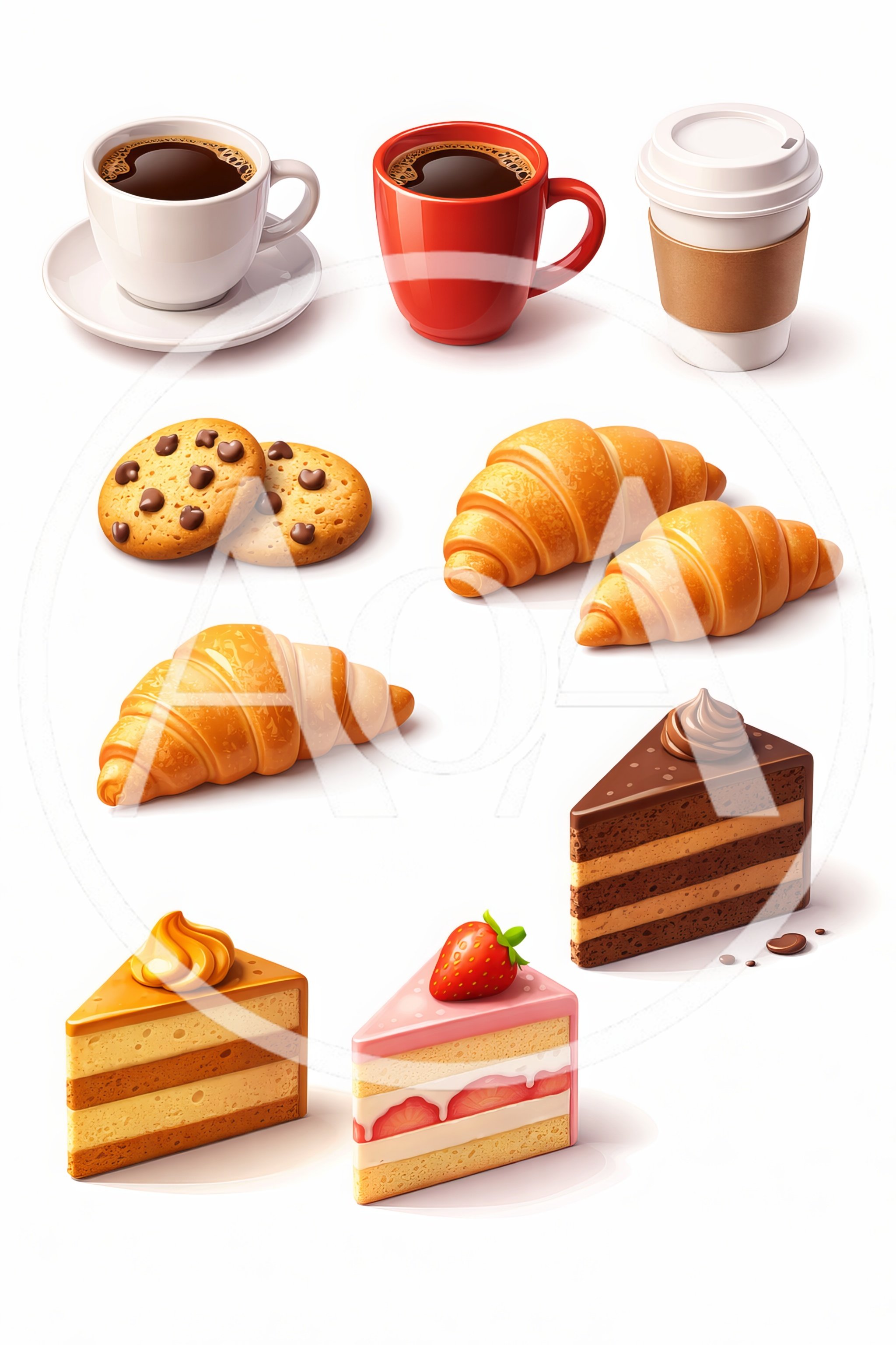 Assorted Coffee Drinks and Bakery Pastries Collection
