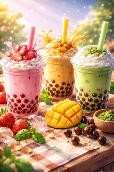 Three Colorful Bubble Tea Drinks With Fresh Fruit Toppings