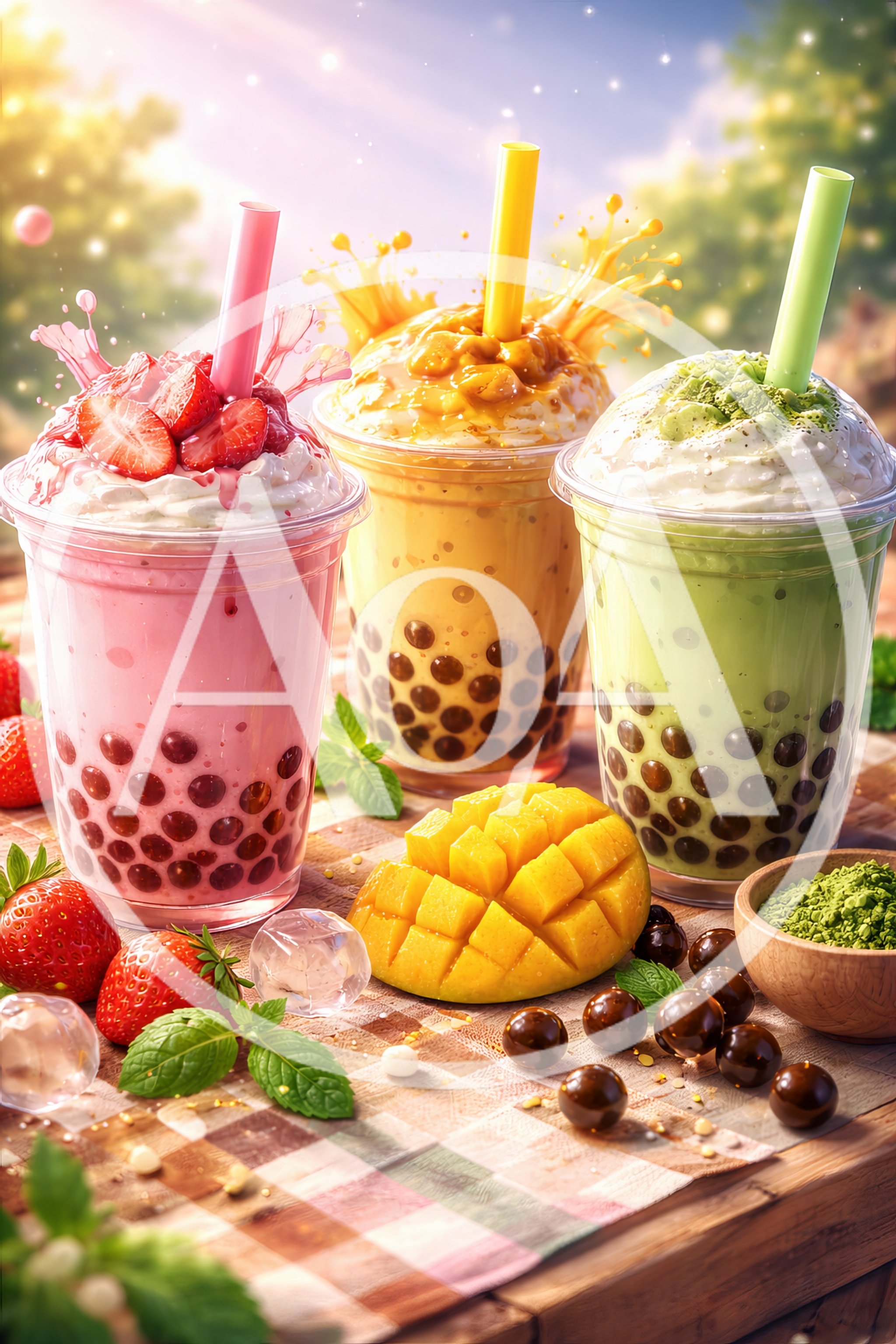 Three Colorful Bubble Tea Drinks With Fresh Fruit Toppings