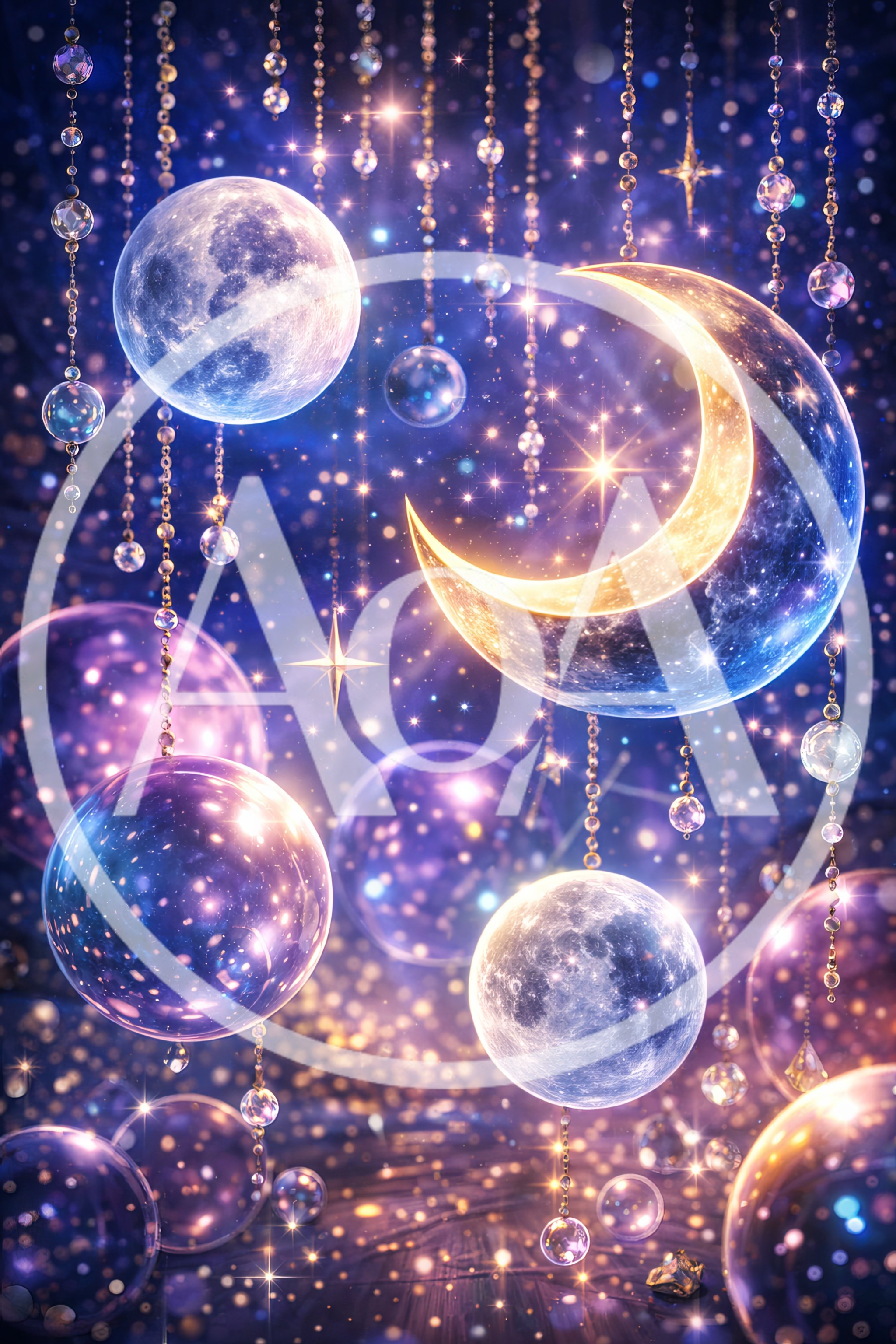 Celestial Moon Orbs With Hanging Crystal Decorations