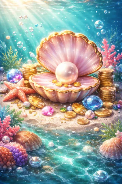 Open Seashell With Pearl And Treasure Underwater