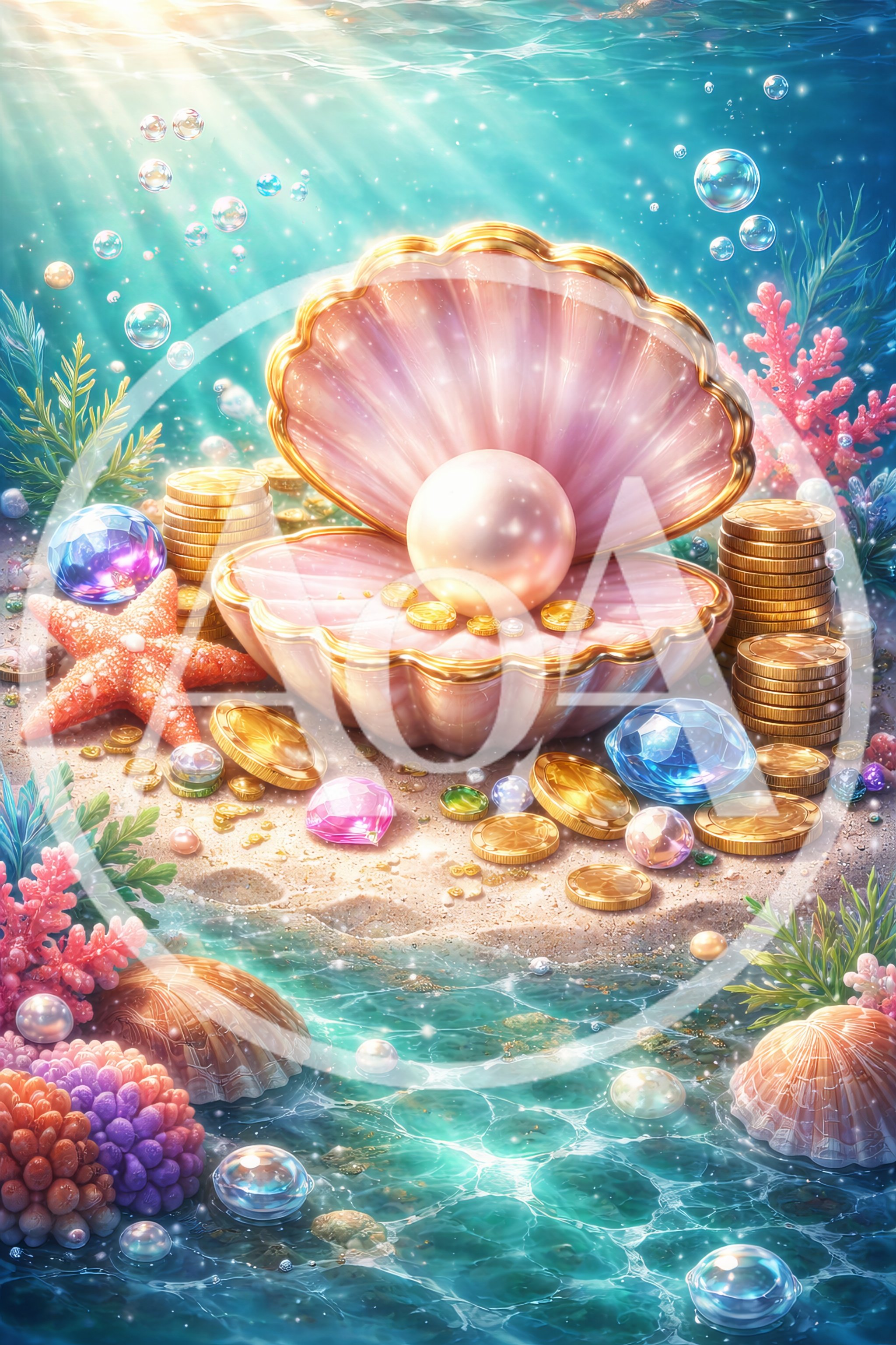 Open Seashell With Pearl And Treasure Underwater