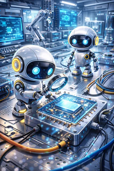 Two Small Robots Examining A Glowing Computer Chip