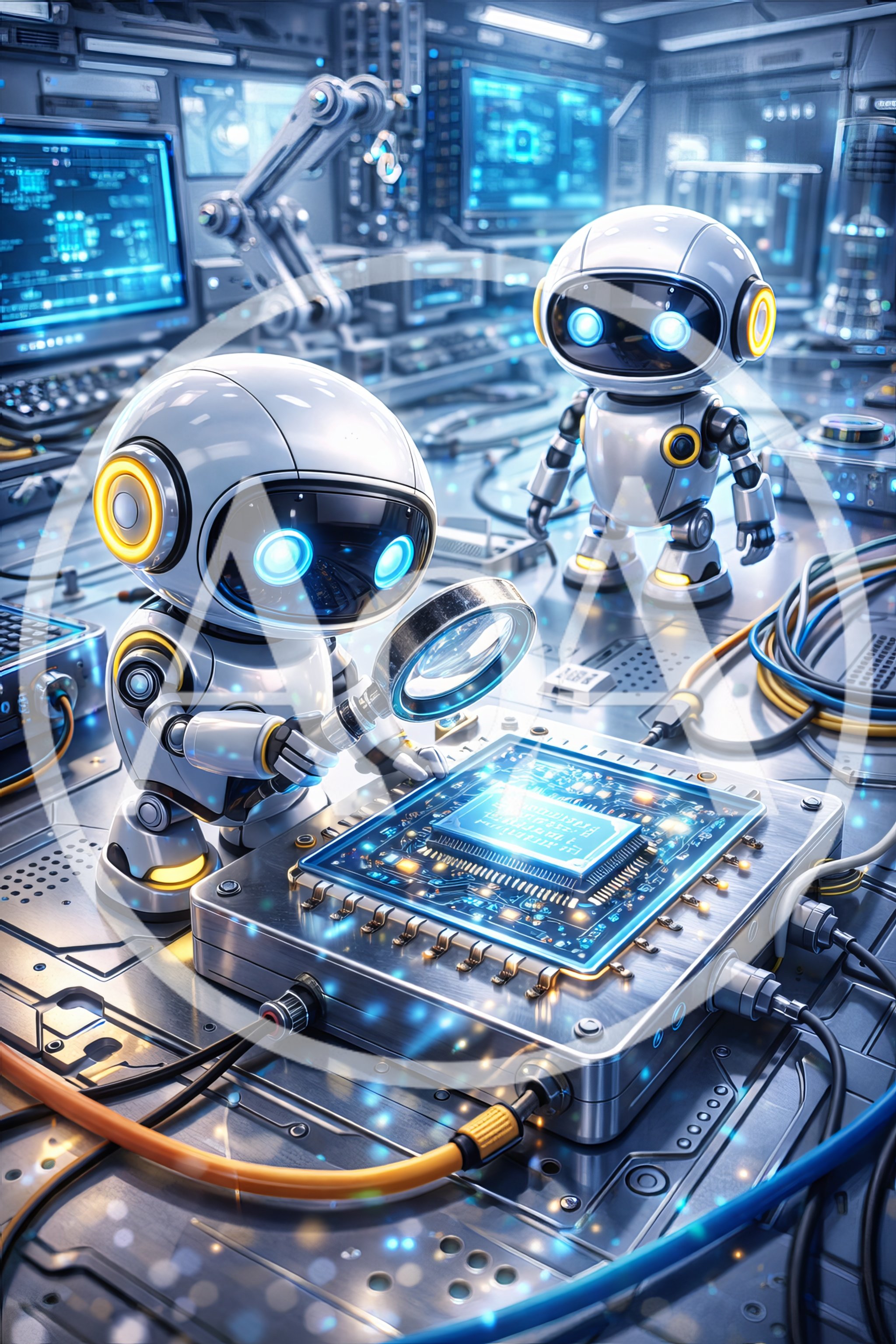 Two Small Robots Examining A Glowing Computer Chip