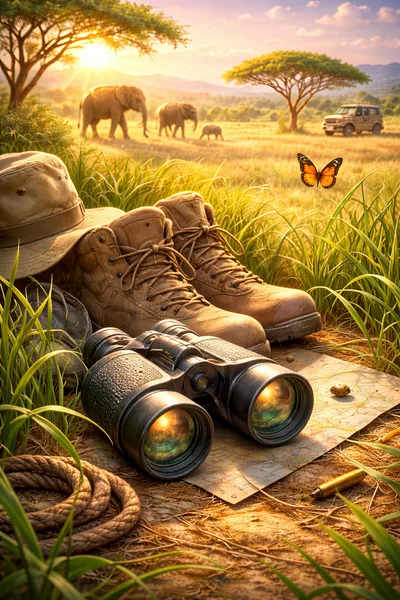 Safari Gear Resting In African Savanna Grass