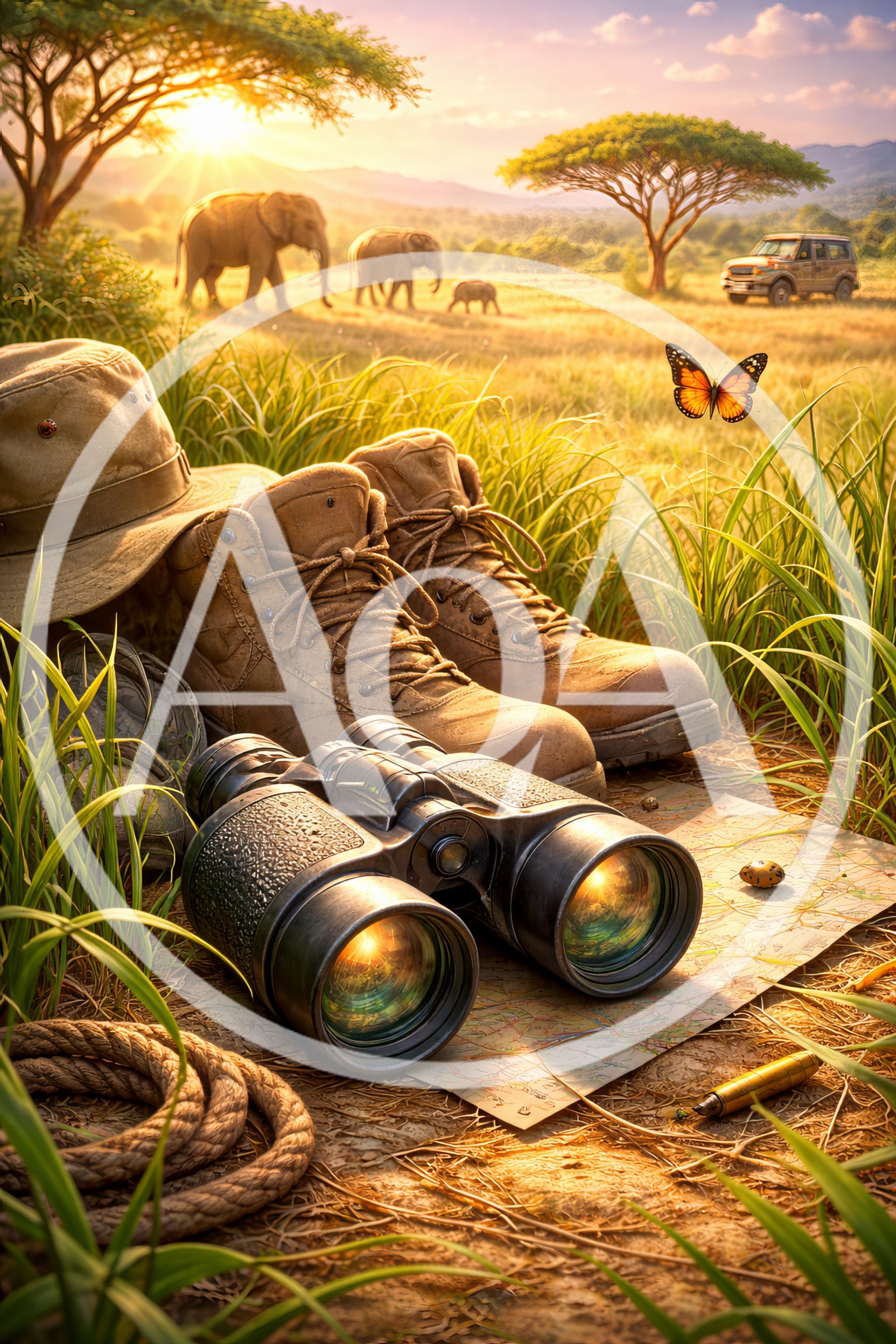Safari Gear Resting In African Savanna Grass