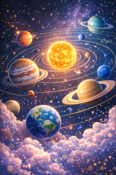 Artistic Solar System Illustration With Planets And Clouds