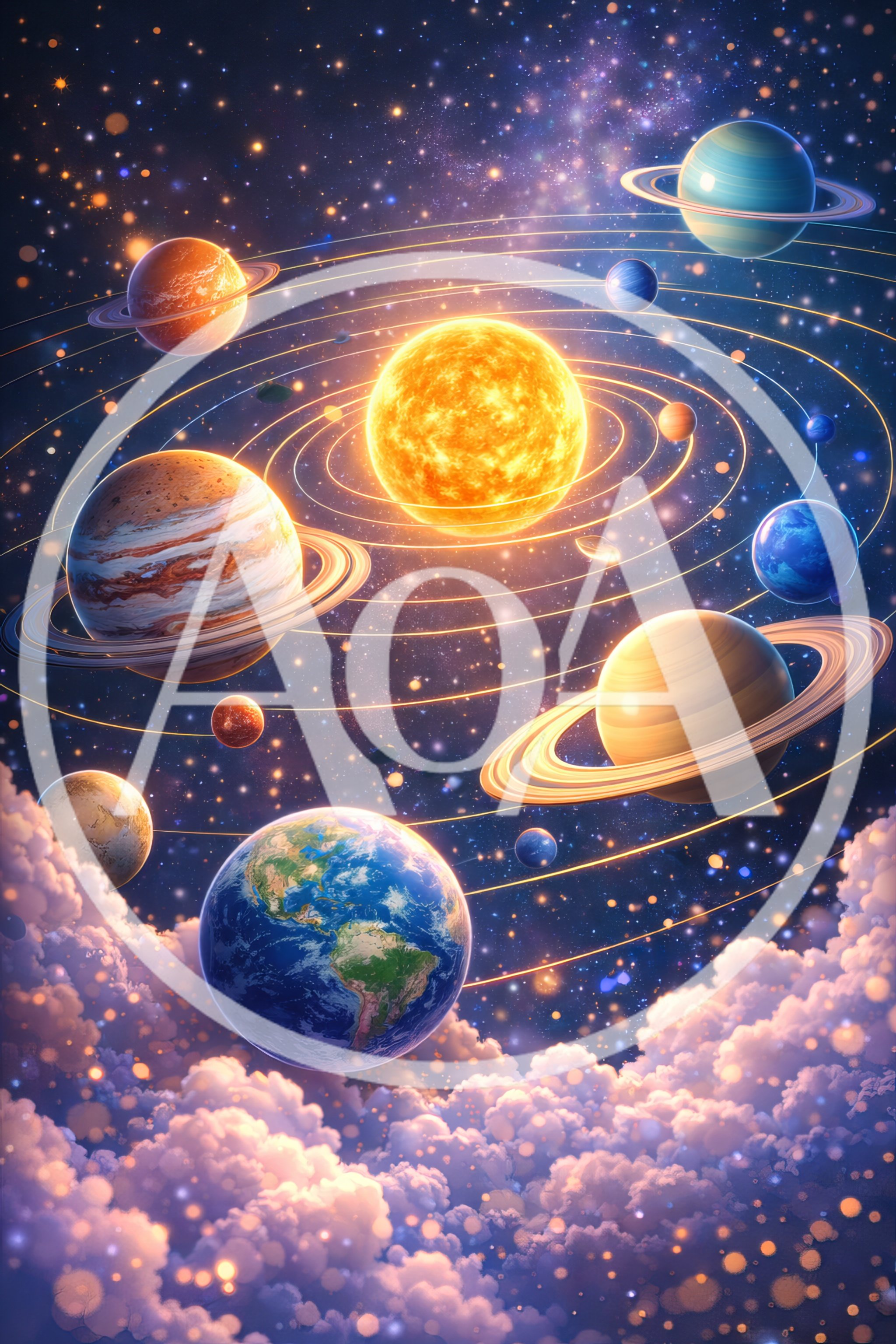 Artistic Solar System Illustration With Planets And Clouds