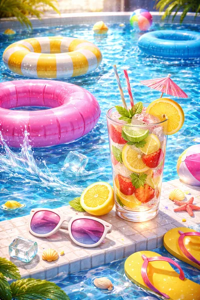 Refreshing Summer Fruit Drink By A Swimming Pool