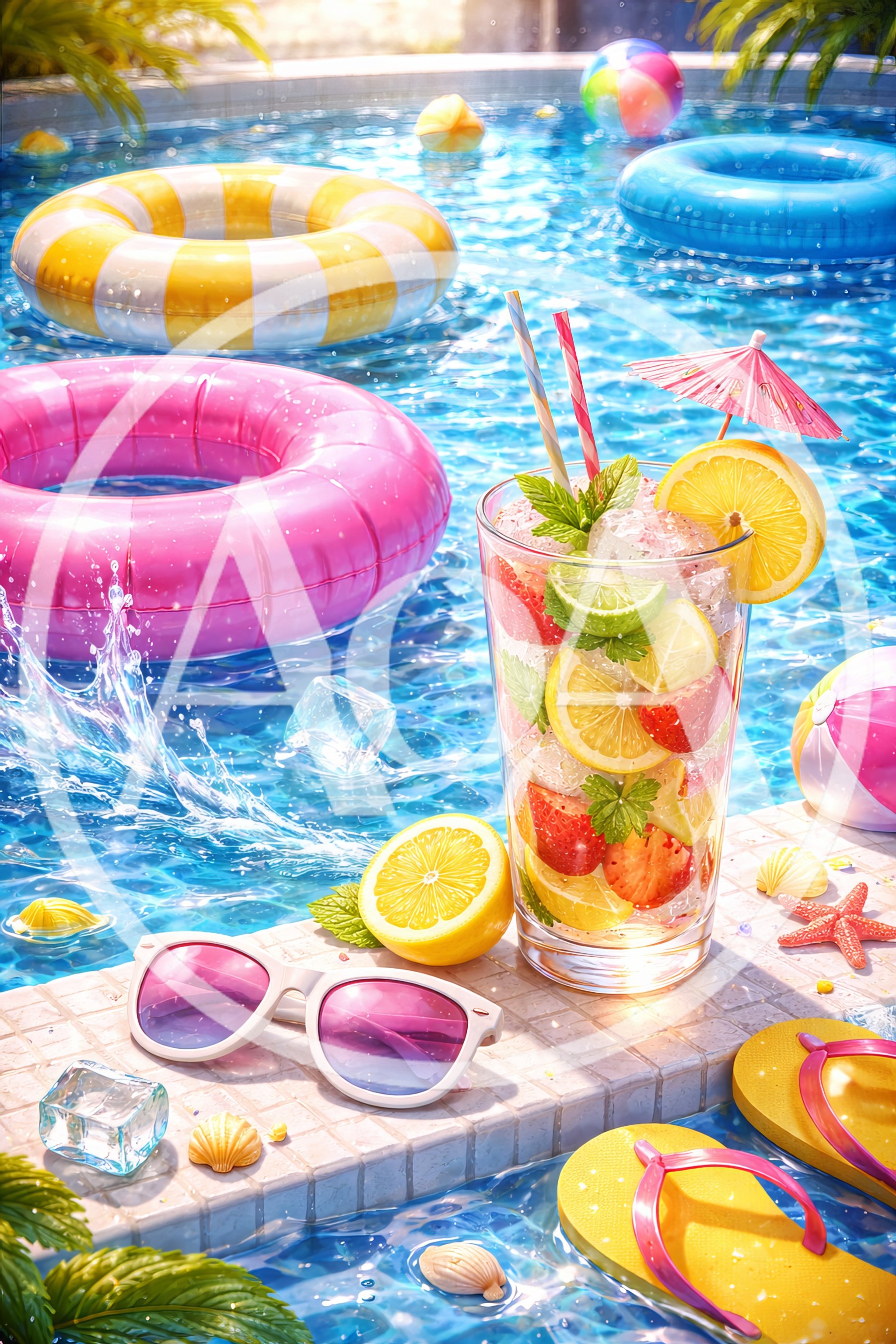 Refreshing Summer Fruit Drink By A Swimming Pool