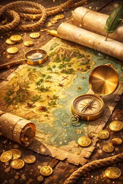 Treasure Map With Compass And Gold Coins