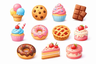 Set of Delicious Sweet Desserts and Treats