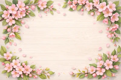 Pink Cherry Blossom Border on Light Wooden Background