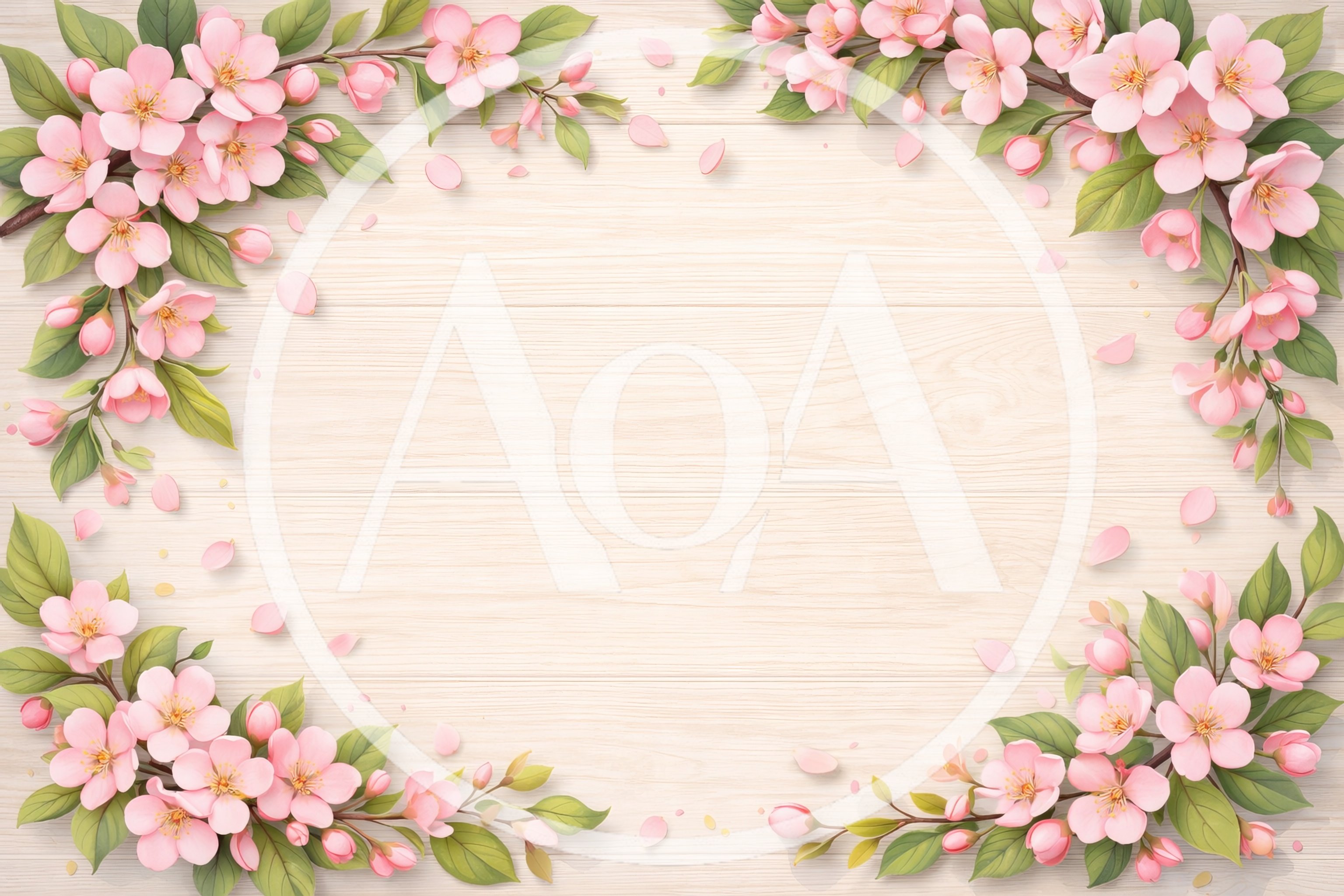 Pink Cherry Blossom Border on Light Wooden Background