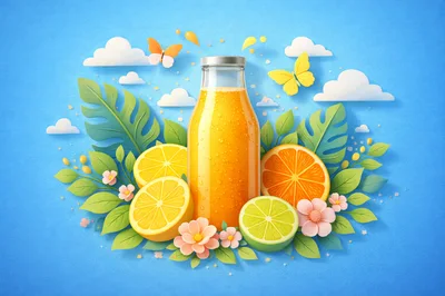 Fresh Citrus Juice Bottle With Tropical Fruit And Flowers