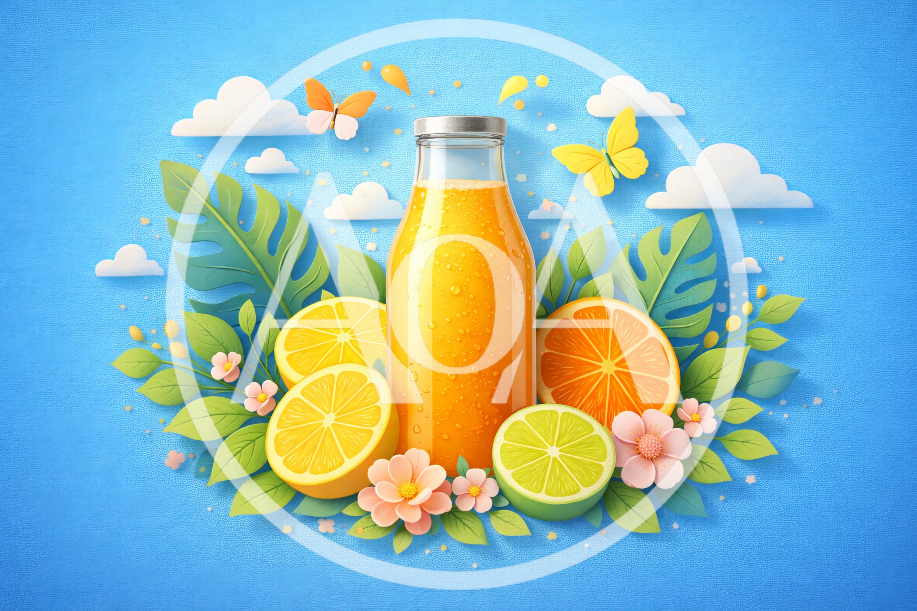 Fresh Citrus Juice Bottle With Tropical Fruit And Flowers