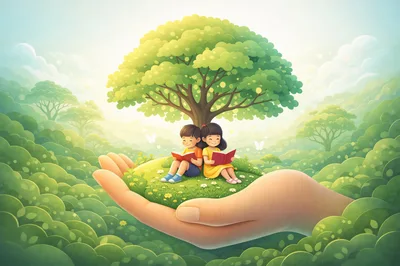 Children Reading Books Under Tree Held In Giant Hand