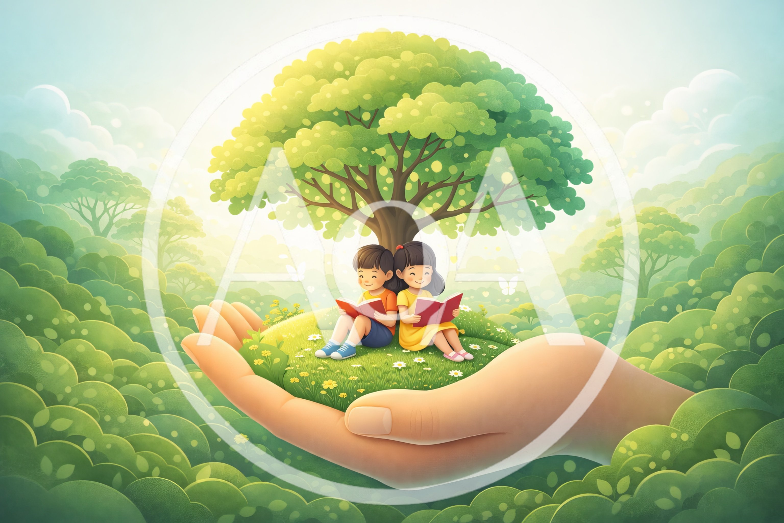 Children Reading Books Under Tree Held In Giant Hand