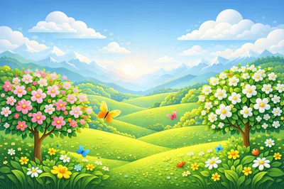 Spring Landscape With Blooming Trees And Butterflies