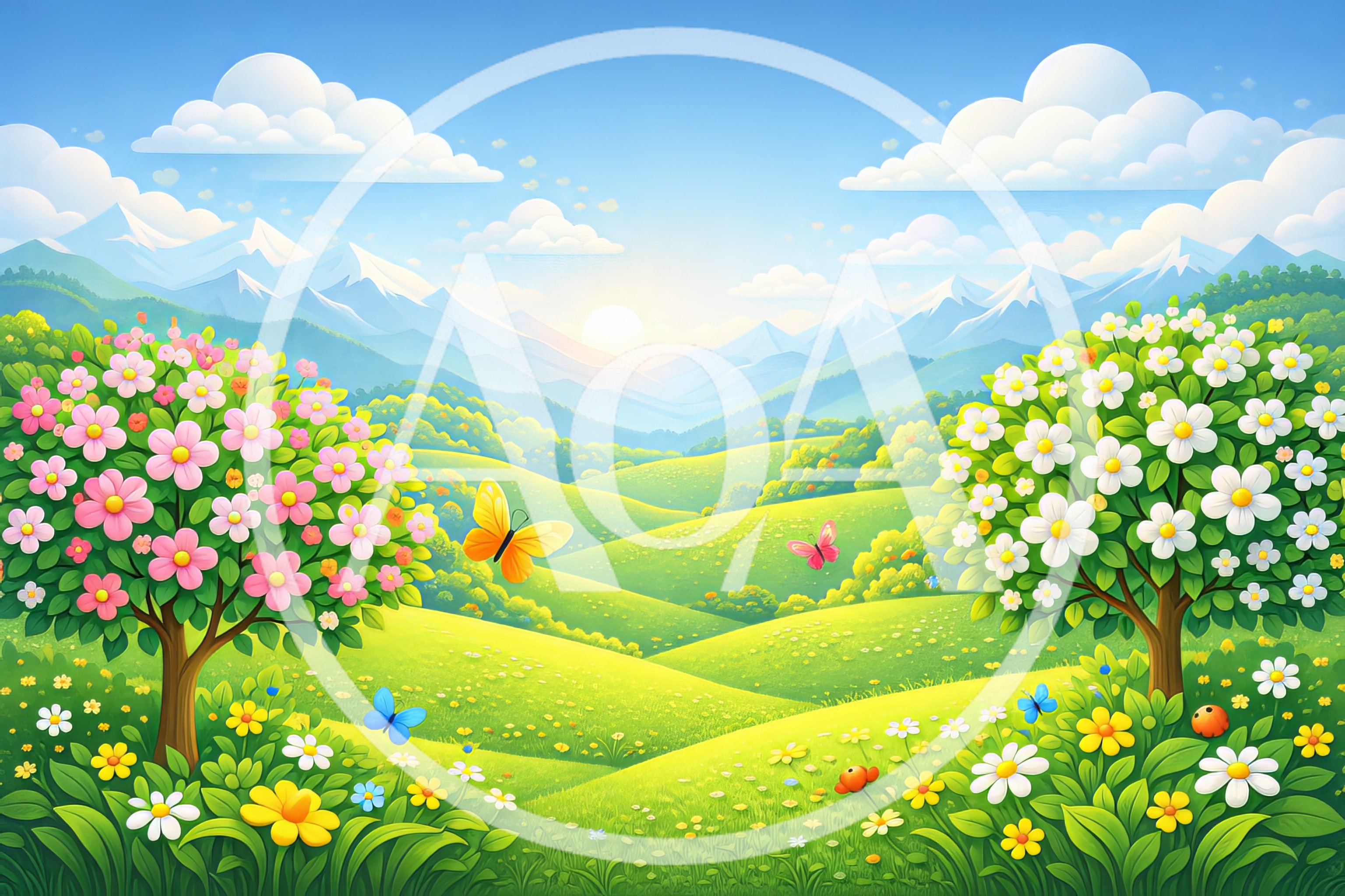 Spring Landscape With Blooming Trees And Butterflies