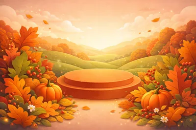 Autumn Product Display Podium With Pumpkins And Foliage