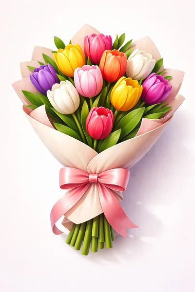 Bouquet Of Colorful Tulips Wrapped In Pink Paper