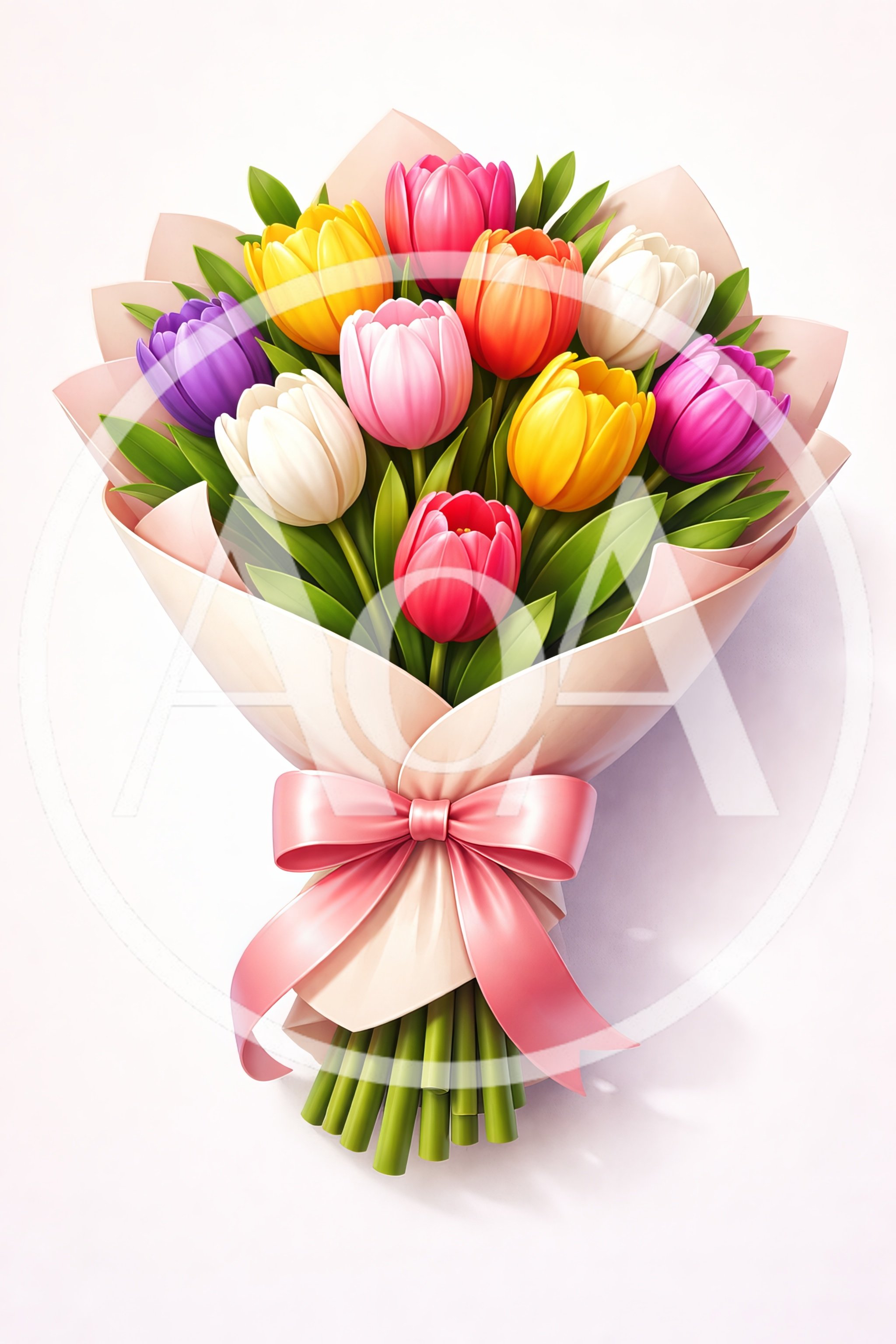 Bouquet Of Colorful Tulips Wrapped In Pink Paper