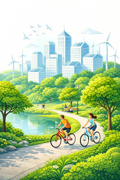 Couple Cycling Through Sustainable Green City Park