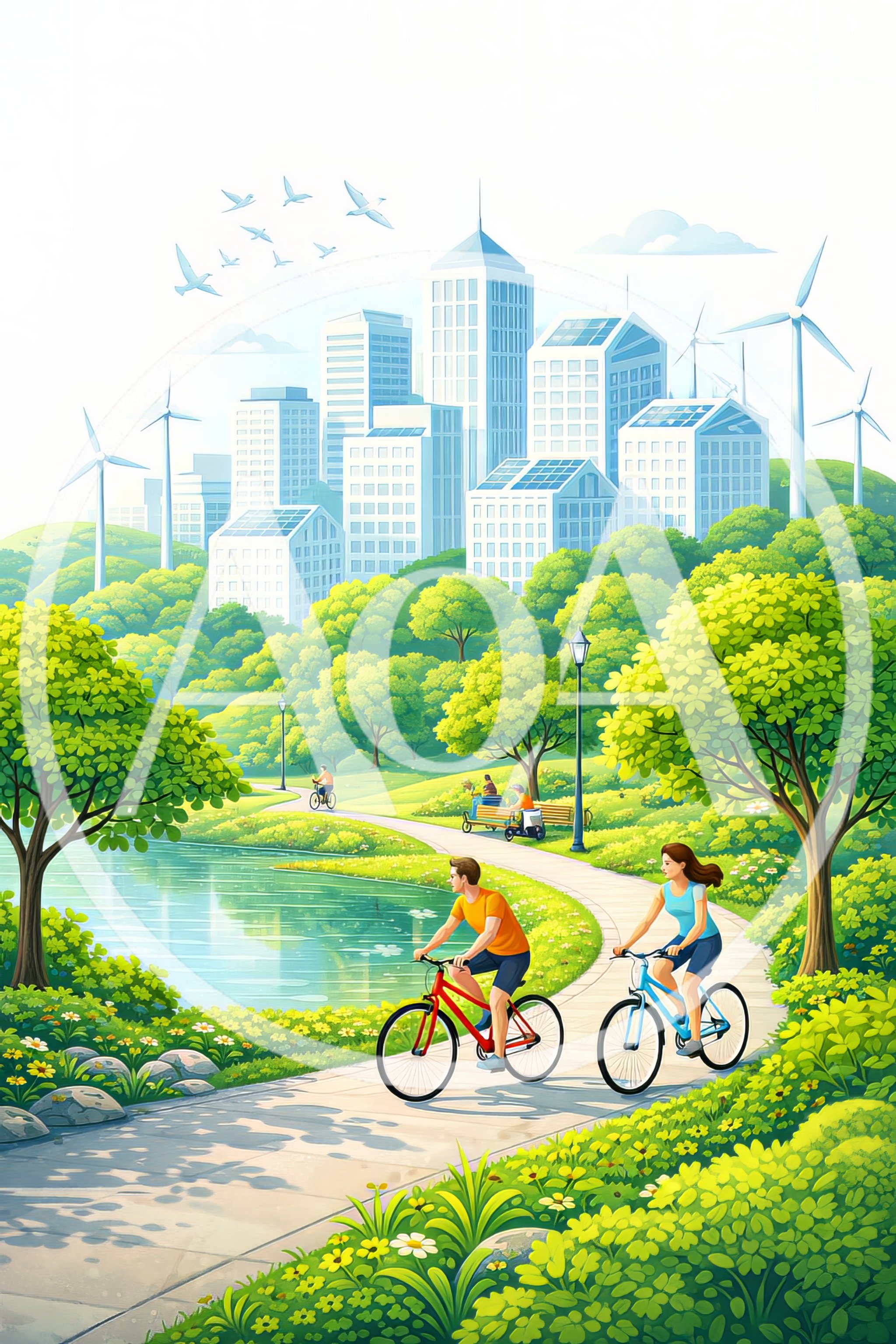 Couple Cycling Through Sustainable Green City Park
