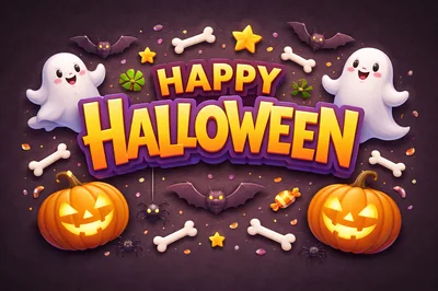 Happy Halloween Greeting Card With Cute Ghosts And Pumpkins