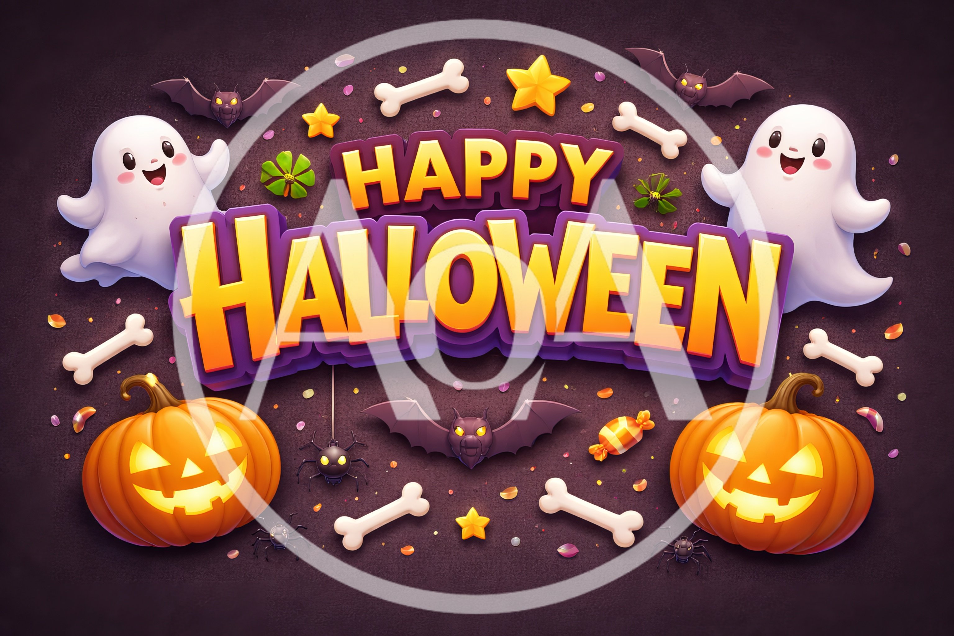 Happy Halloween Greeting Card With Cute Ghosts And Pumpkins