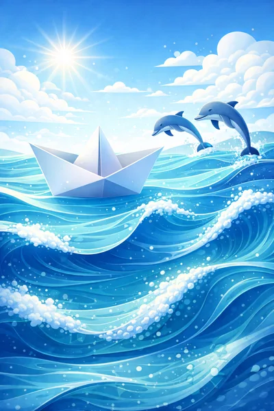 Paper Boat Sailing on Ocean Waves with Jumping Dolphins