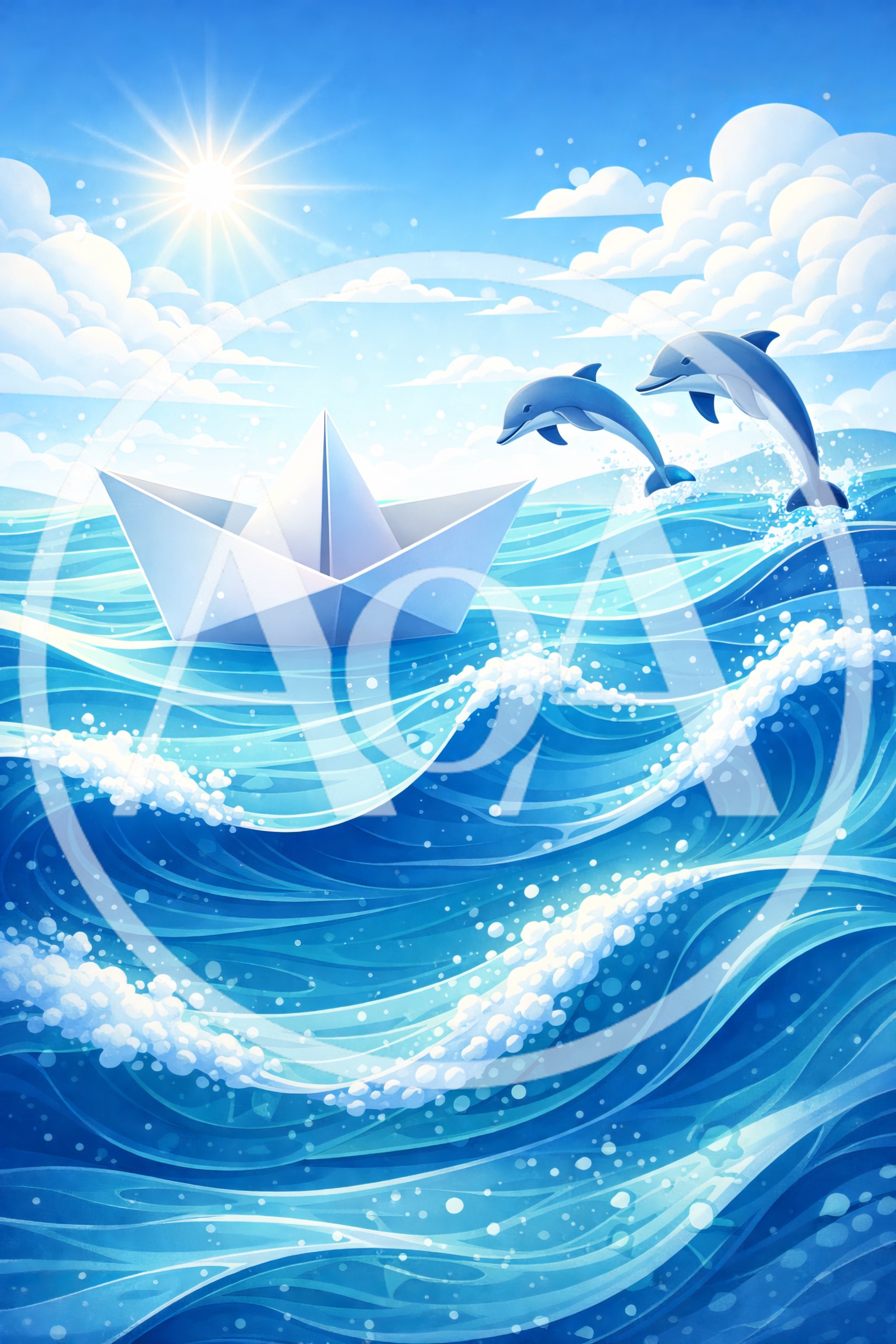 Paper Boat Sailing on Ocean Waves with Jumping Dolphins