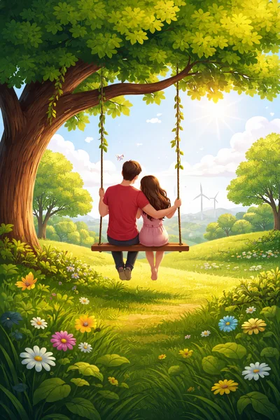 Couple Sitting Together On A Swing Under A Tree