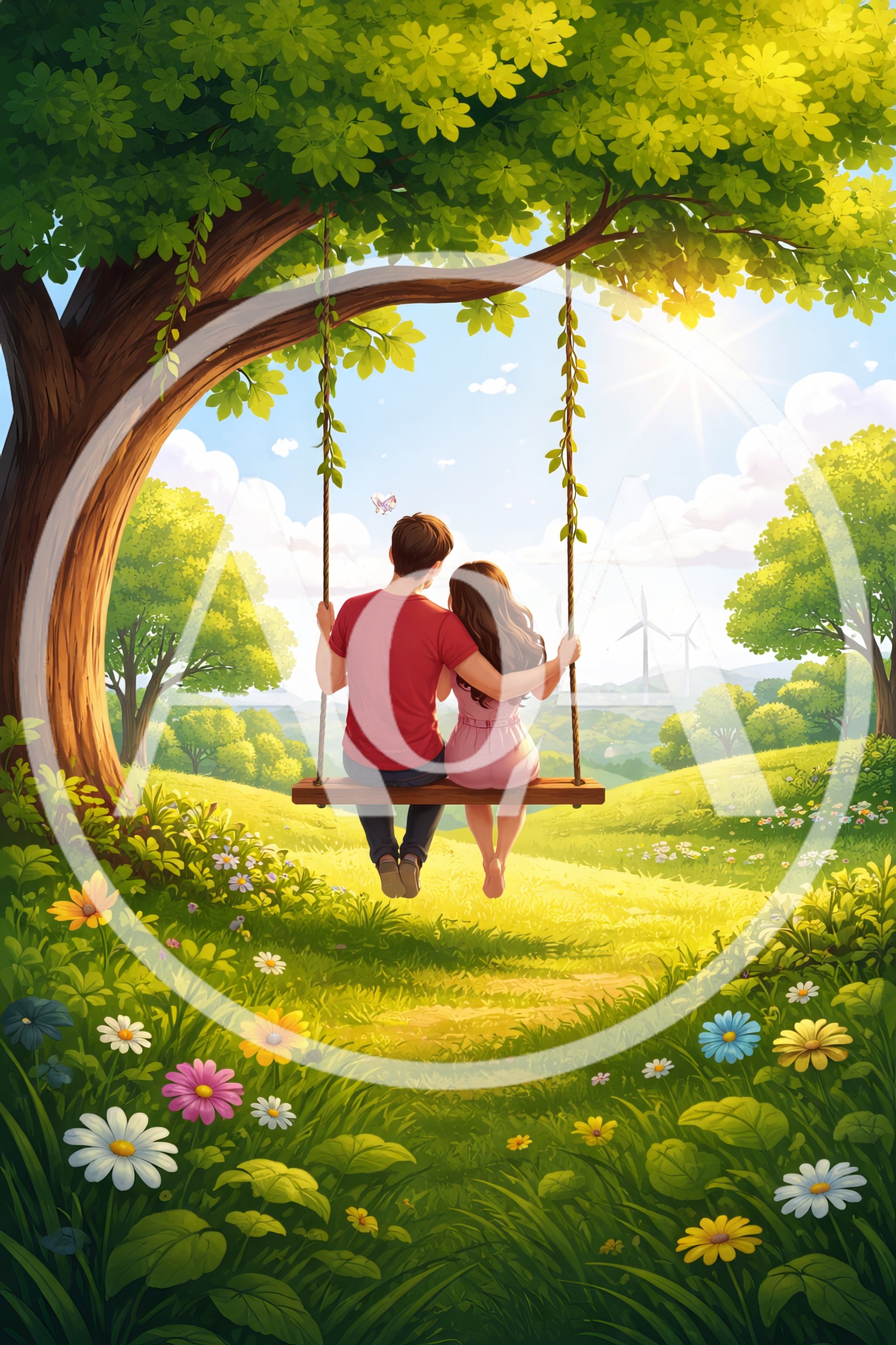 Couple Sitting Together On A Swing Under A Tree