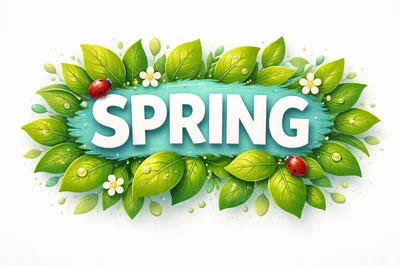 Spring Text Banner With Green Leaves And Ladybugs