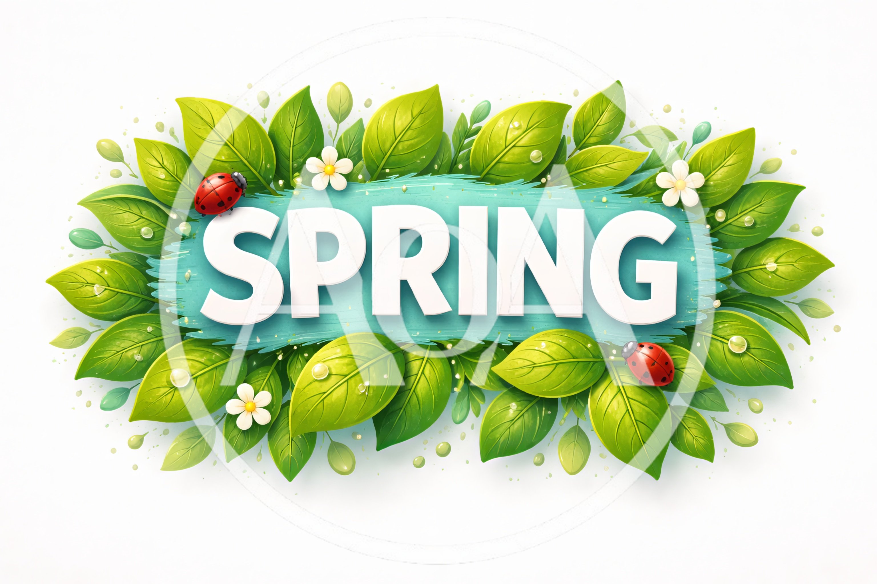 Spring Text Banner With Green Leaves And Ladybugs