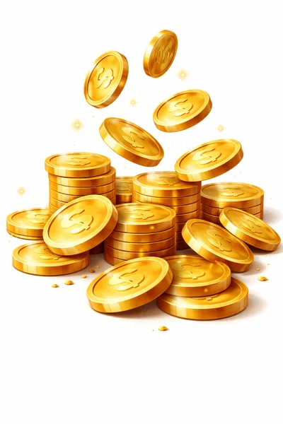Golden Dollar Coins Falling Onto A Pile