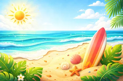 Tropical Beach Scene With Surfboard And Seashells
