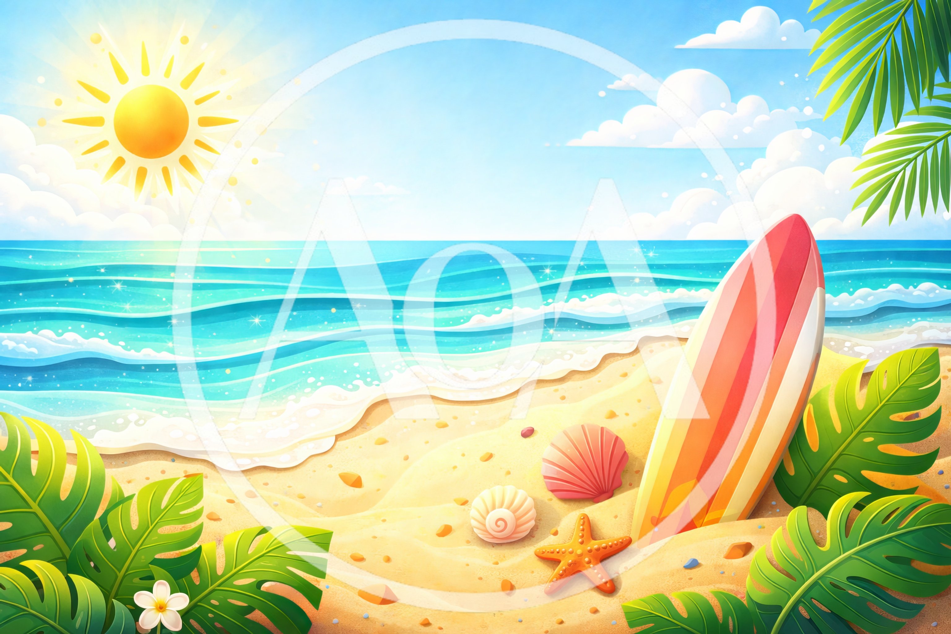 Tropical Beach Scene With Surfboard And Seashells