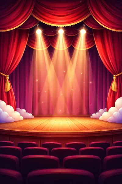 Empty Theater Stage With Red Curtains And Spotlights