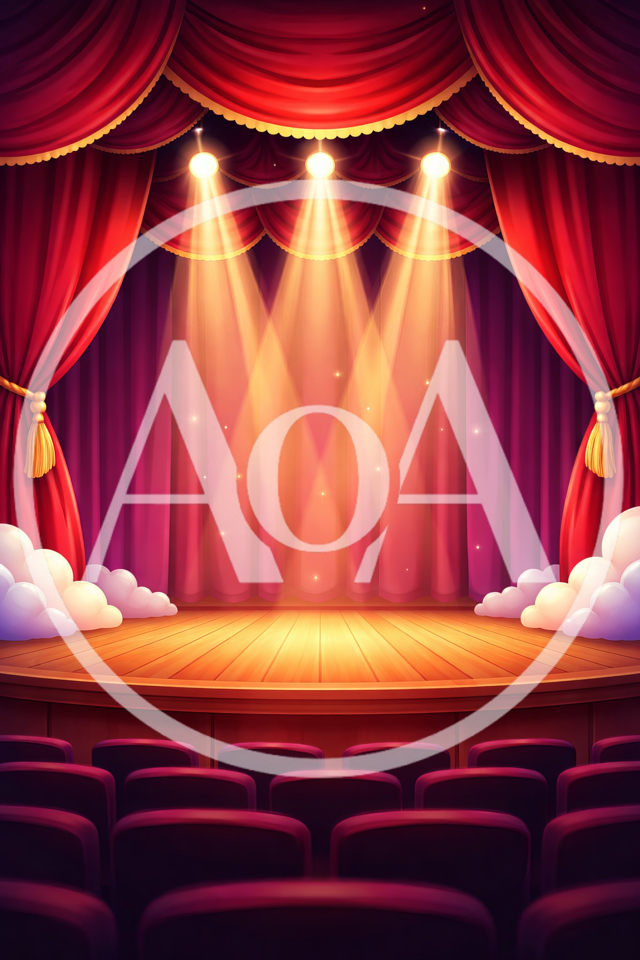 Empty Theater Stage With Red Curtains And Spotlights