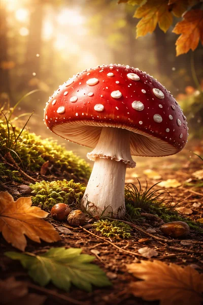 Amanita Muscaria Mushroom In A Sunlit Autumn Forest