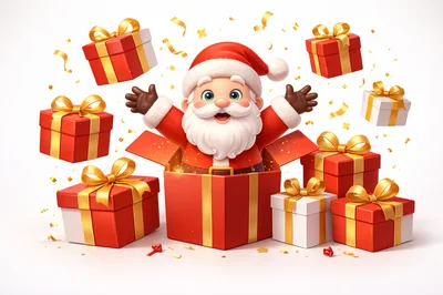 3D Cartoon Santa Claus Emerging From A Gift Box